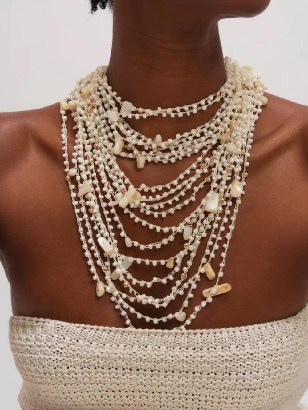 Zara Layered Pearl and Shell Statement Necklace in Cream and Gold